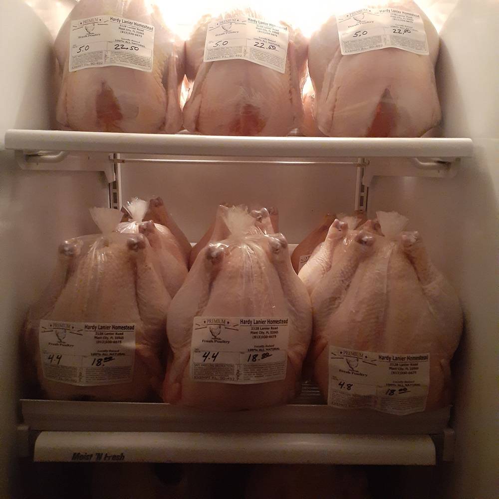 Whole dressed chickens, ready for pickup
